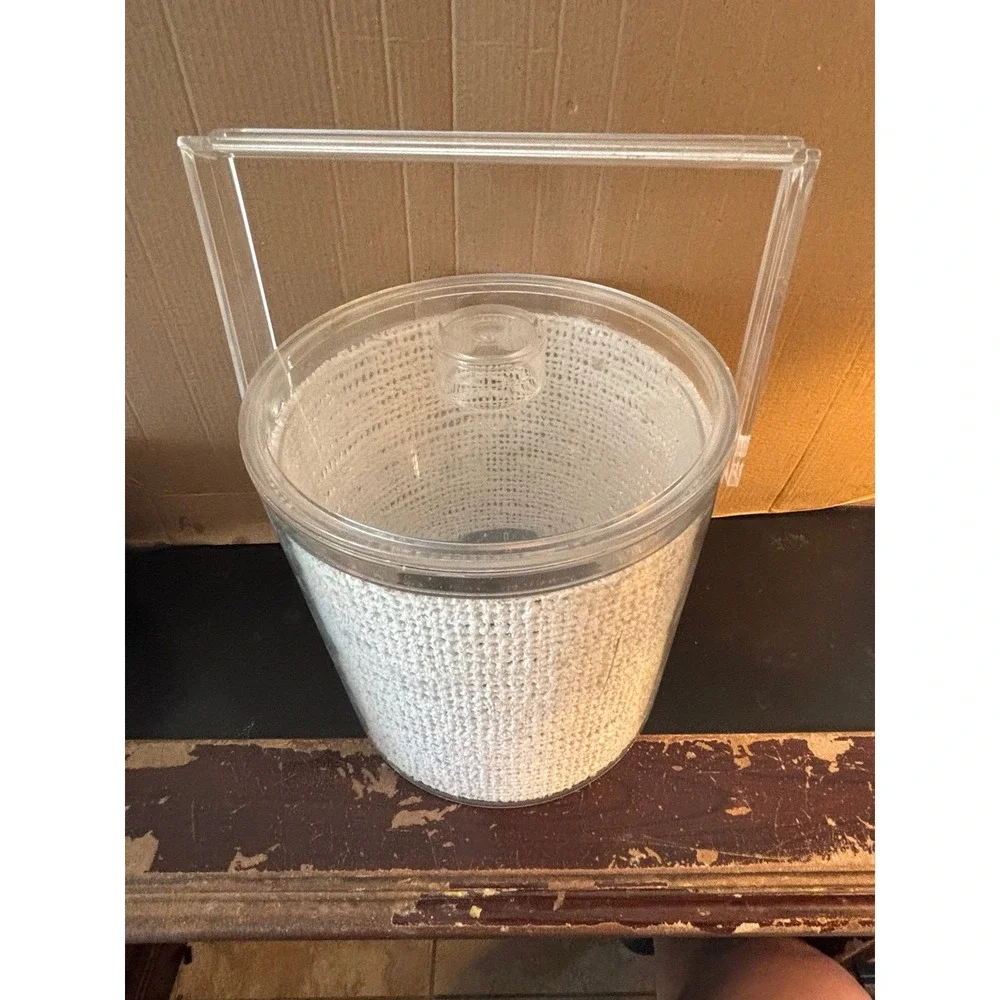 Vintage THERMAL PLASTIC GRASS CLOTH ICE BUCKET With Handle And Prongs